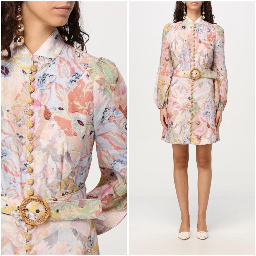 Zimmermann Illustration Buttoned Belted Floral Linen Mini Dress   size 0
